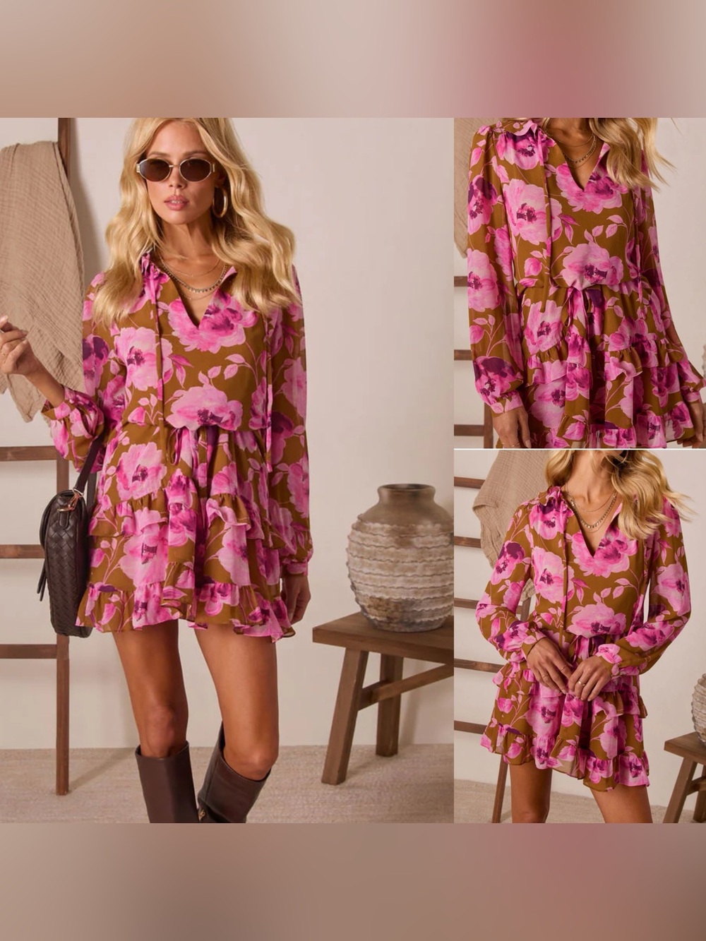 VICI‎ Charleston Waist Tie Floral Pink & Brown Mini Dress - Picture 4 of 16